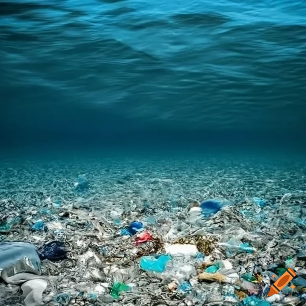 Photograph of a polluted ocean with floating debris on Craiyon