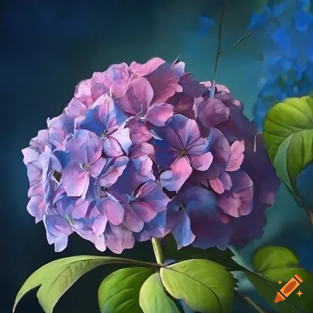 detailed art nouveau painting of pink hydrangea with blue hour lighting