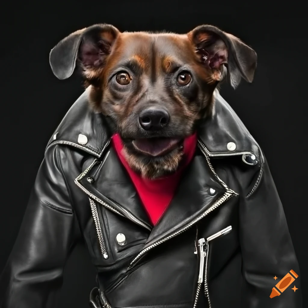 Dog wearing a biker leather jacket on Craiyon