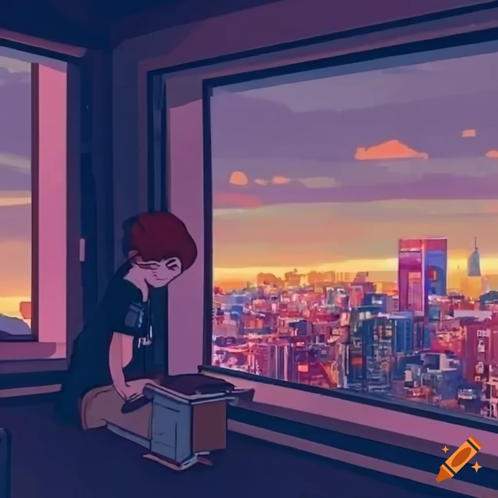 lofi teen studying by window with city view