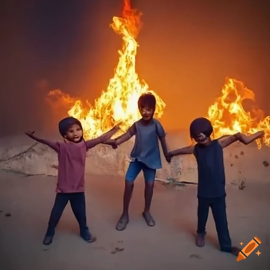 image of refugee children holding hands in a ruined city