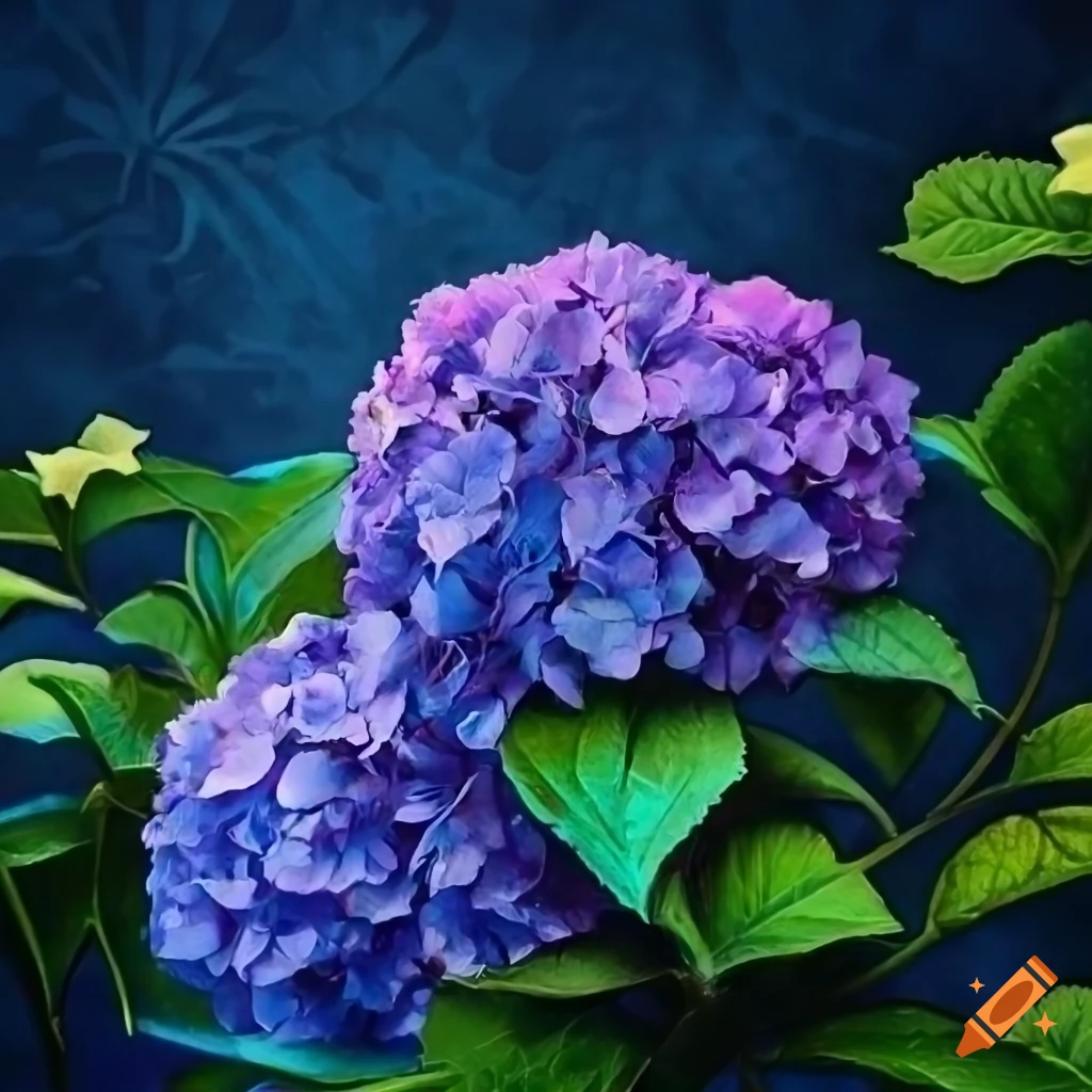 art nouveau style painting of purple hydrangea with intricate details