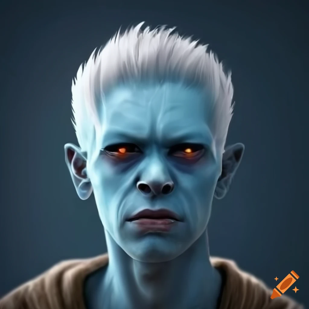 Concept art of a blue-skinned alien man