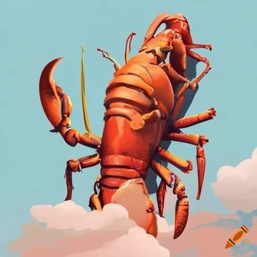 artwork of an old man and a giant lobster in the sky