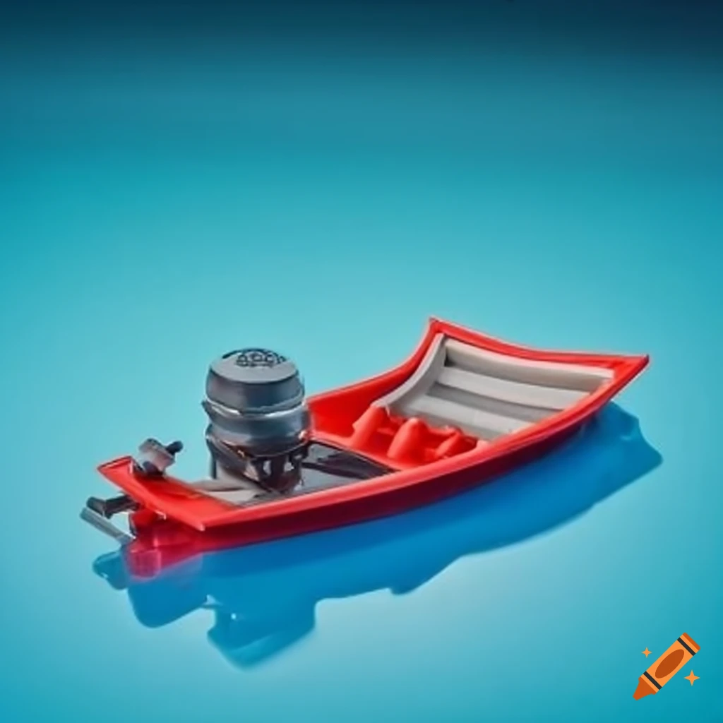 Small plastic toy boat with a large outboard motor on Craiyon