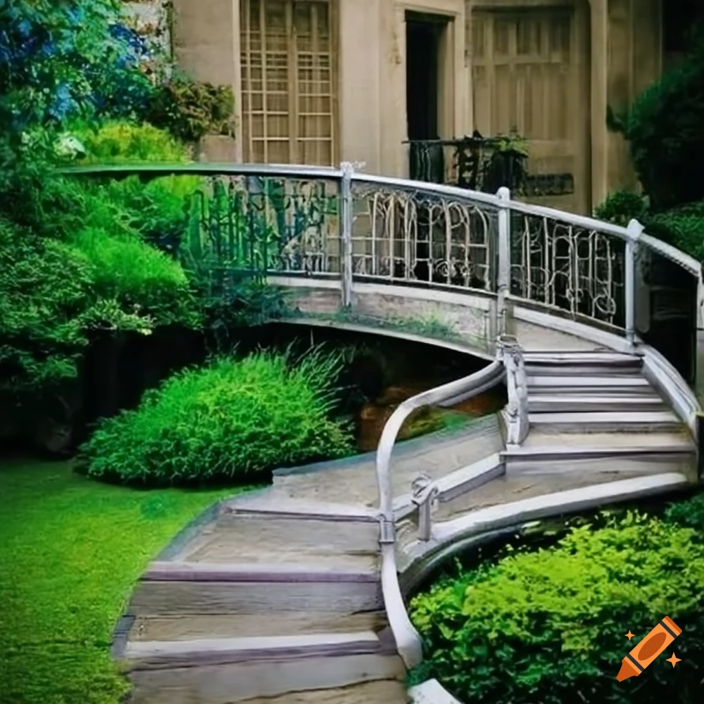 stunning silver staircase in a garden leading to a balcony