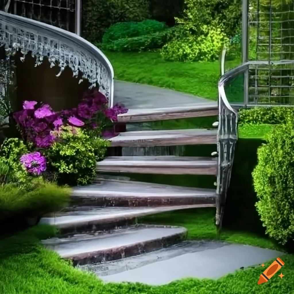 curved silver stairs in a garden leading to a balcony