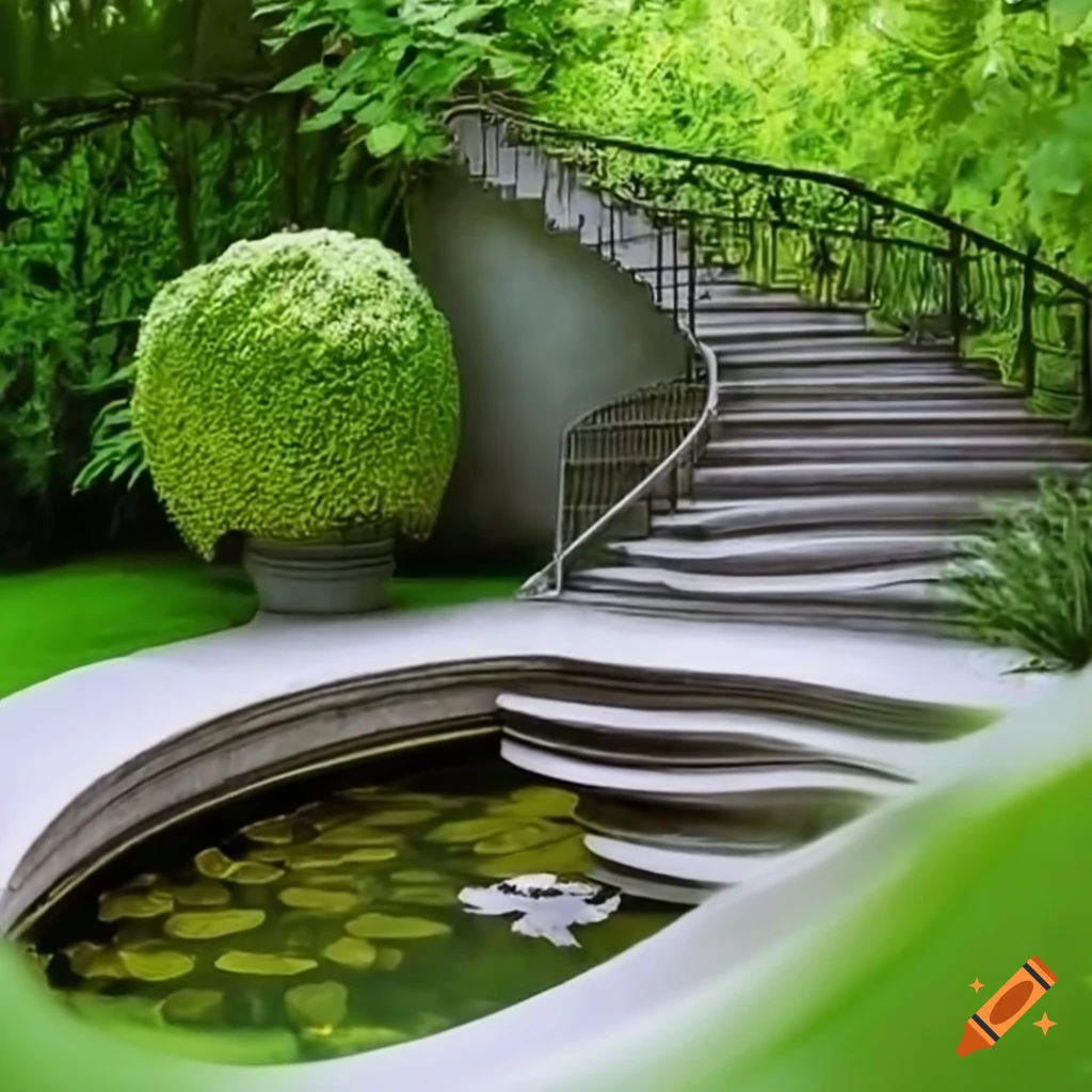 curved silver stairs in a garden leading to a balcony