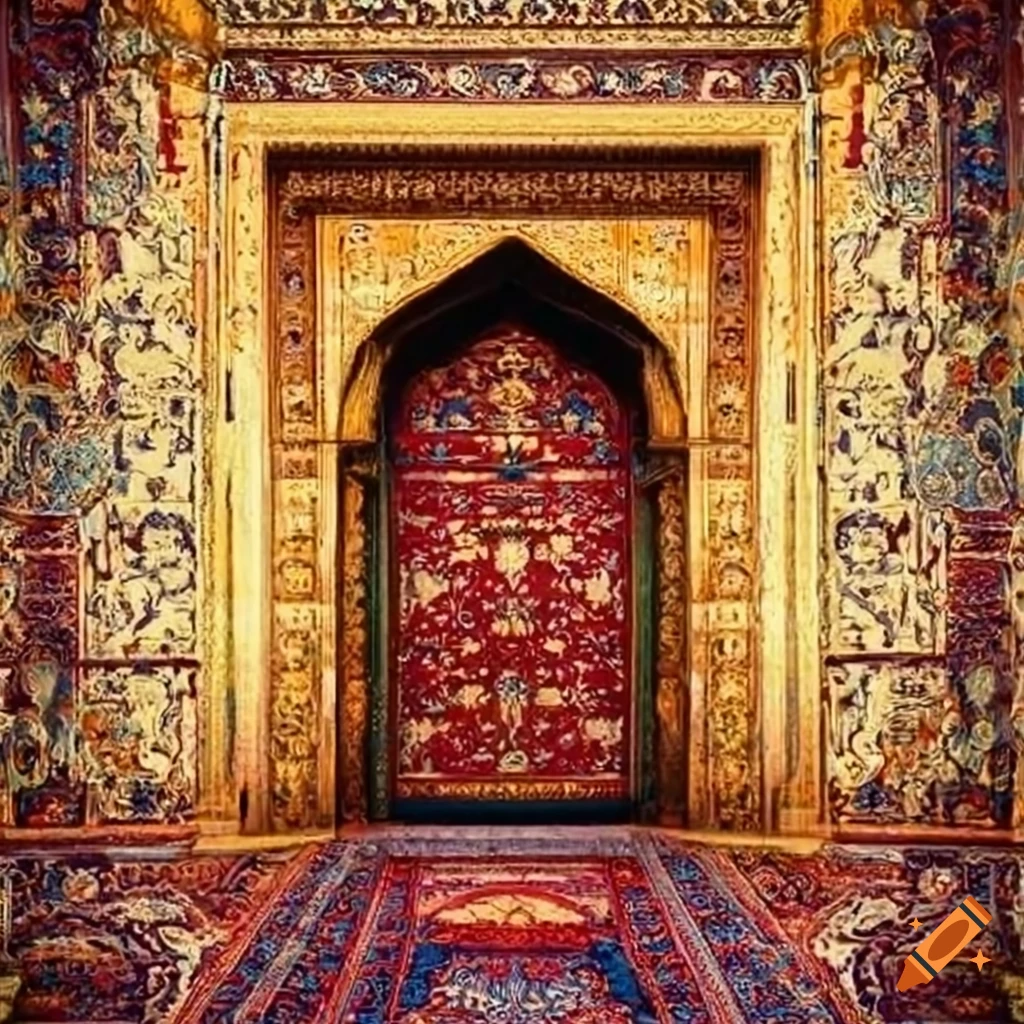 Golden temple doorway with a persian carpet on Craiyon