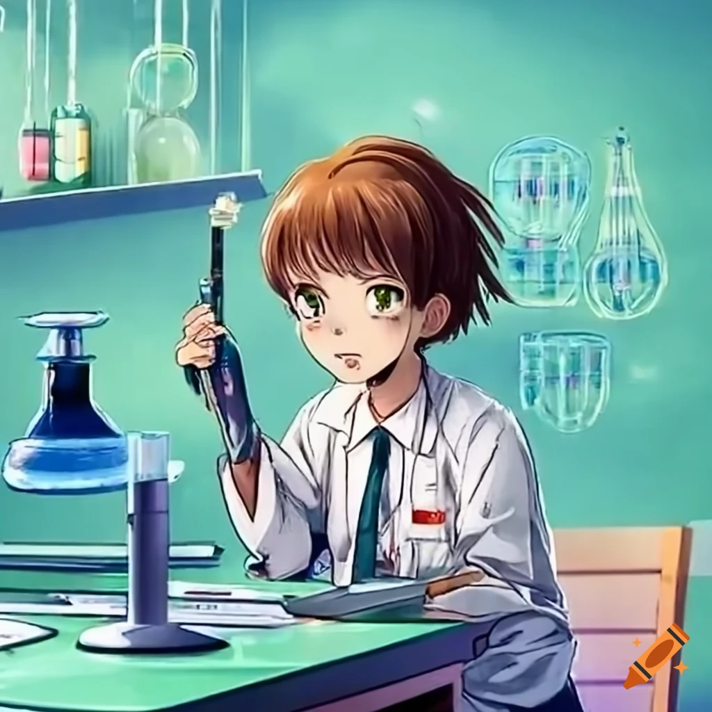 anime of catboy chemist with cat head doing experiments with chemicals and  glassware in well equiped chemical laboratory