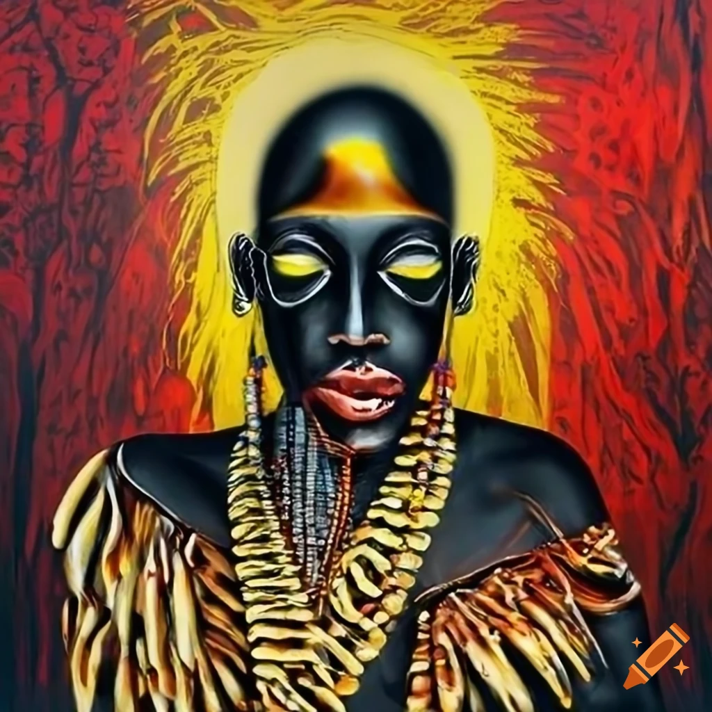 surrealist African artwork in black, red, and yellow