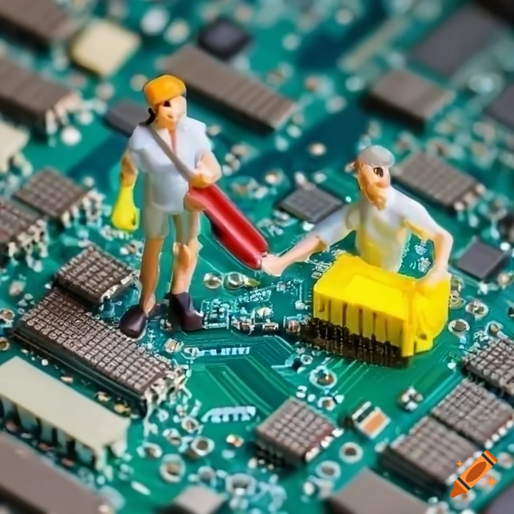 Miniature cleaning crew on a computer motherboard on Craiyon