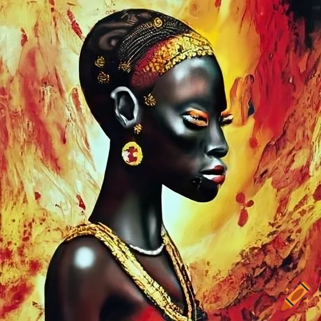 surreal African art with gold, black, red and yellow colors