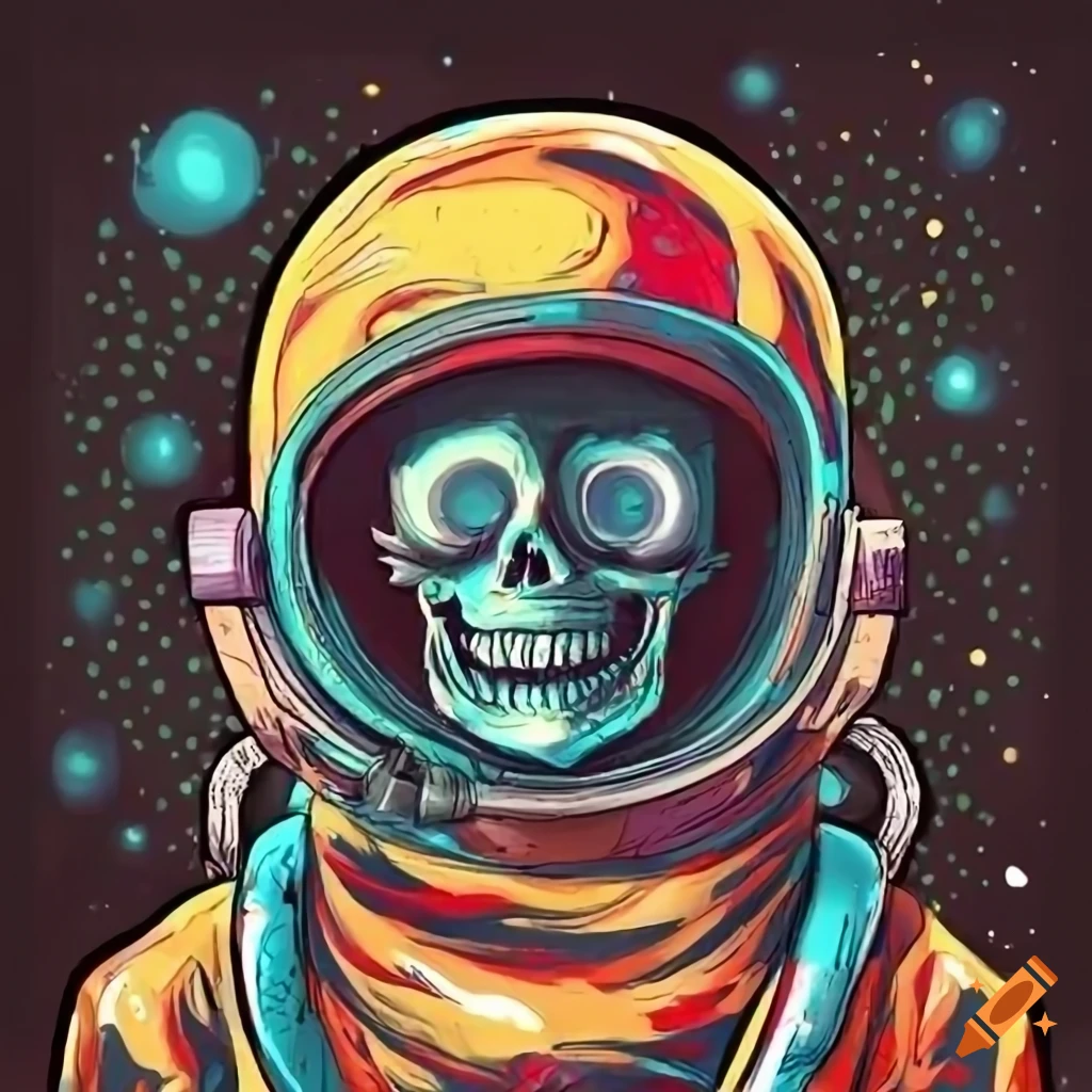 Comic-style cosmonaut skeleton illustration