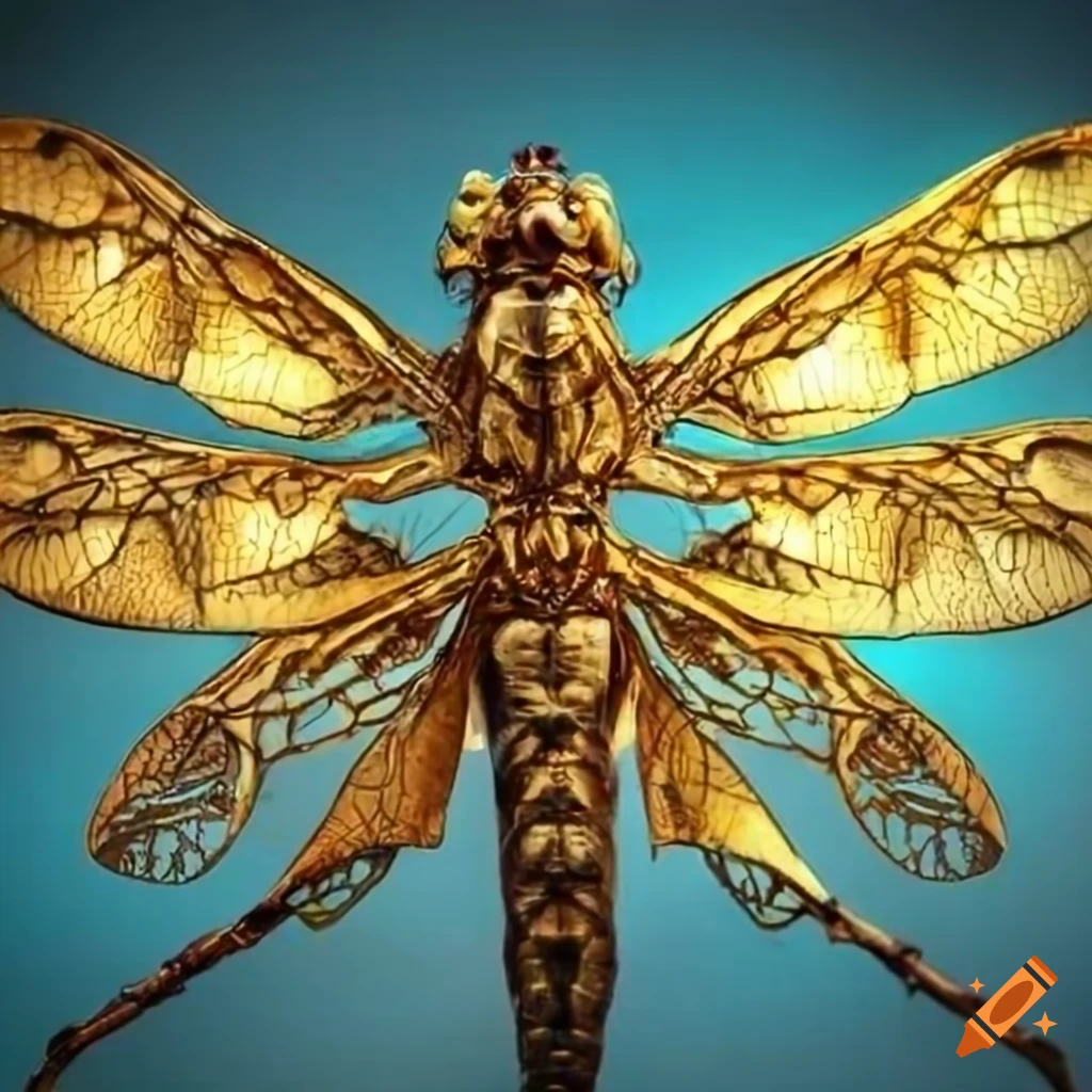 intricately designed golden dragonfly