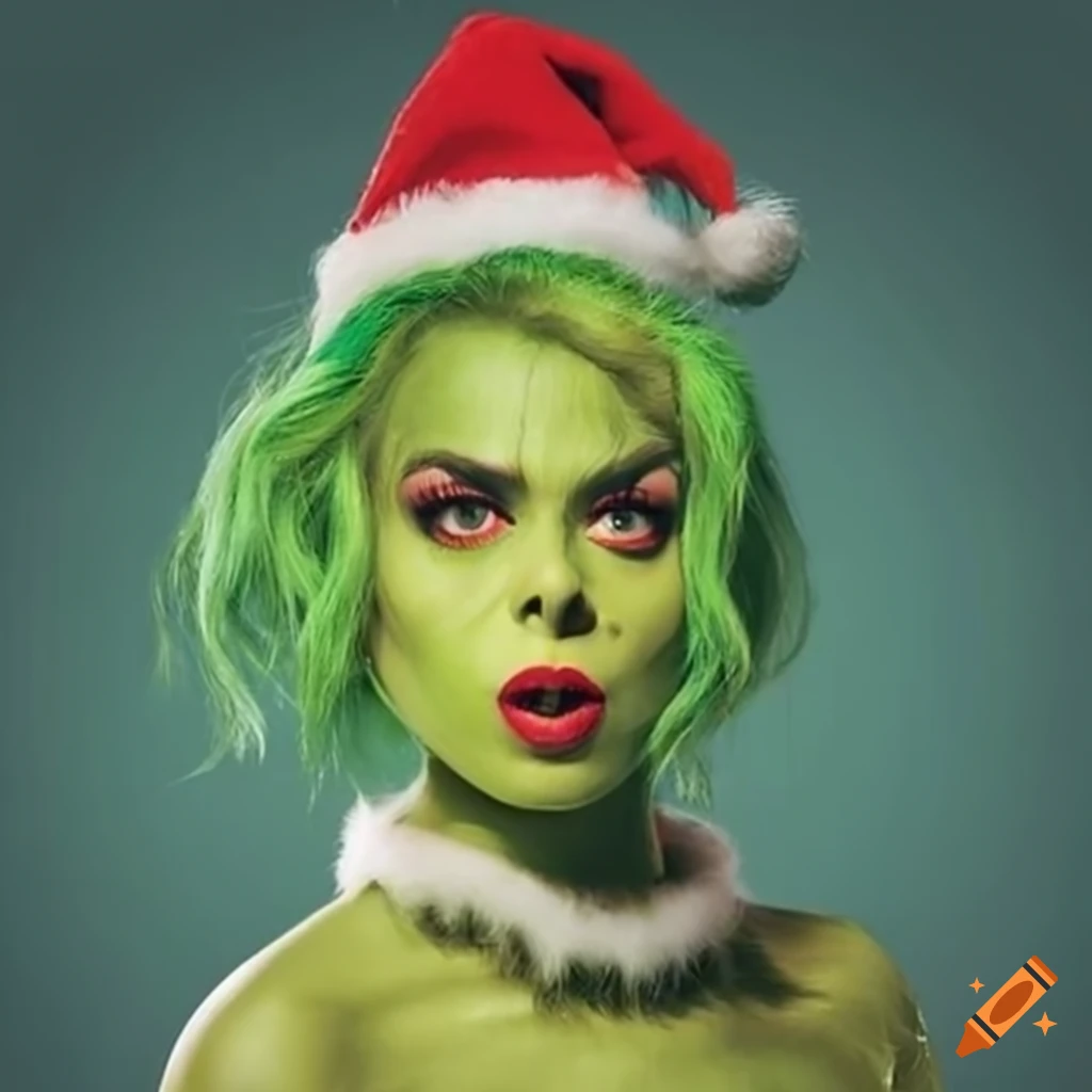 Stylish female grinch with green hair and christmas costume on Craiyon