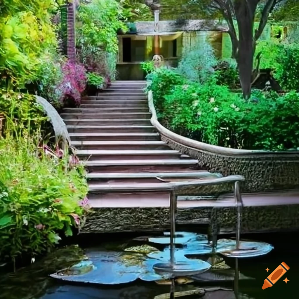 curved silver stairs in garden leading to balcony