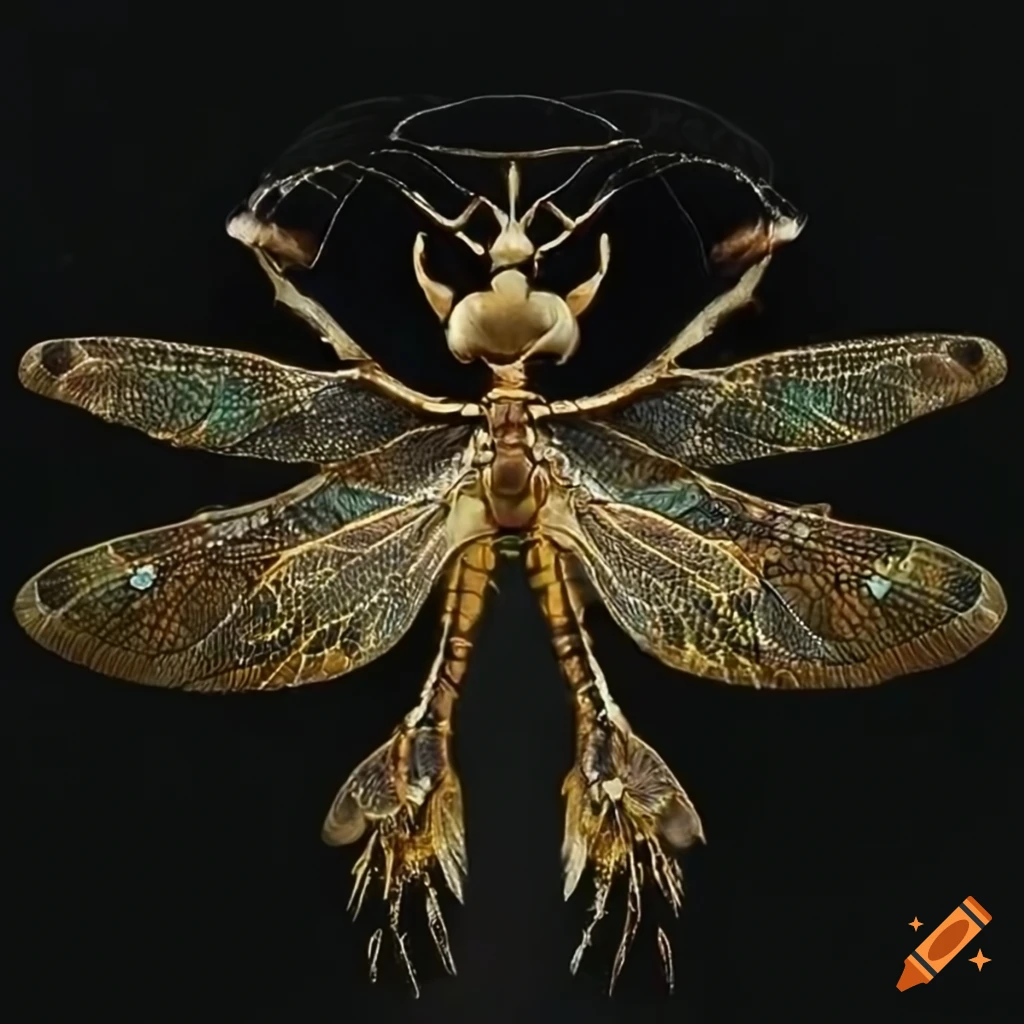 intricately designed golden dragonfly