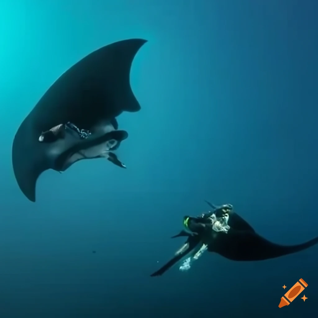underwater battle between a manta ray and scuba diver