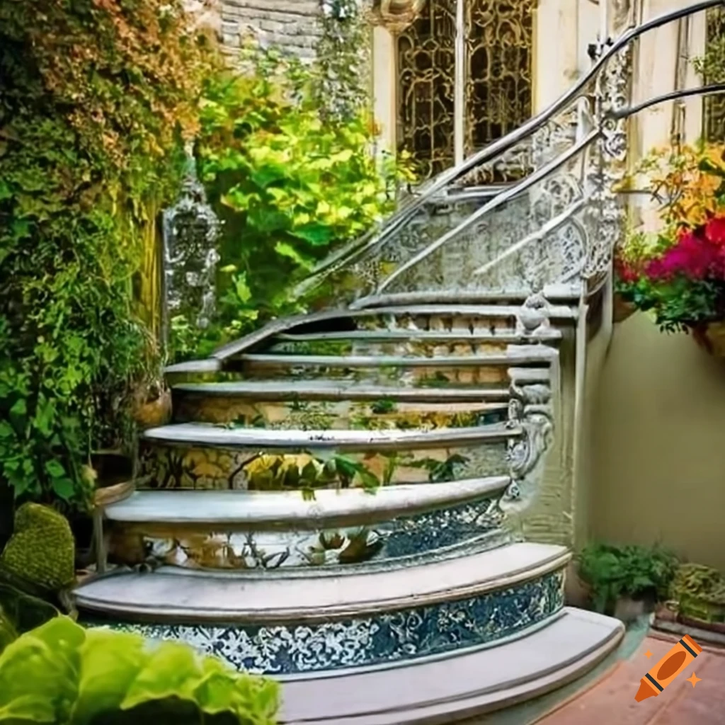 curved silver stairs in a garden leading to a balcony