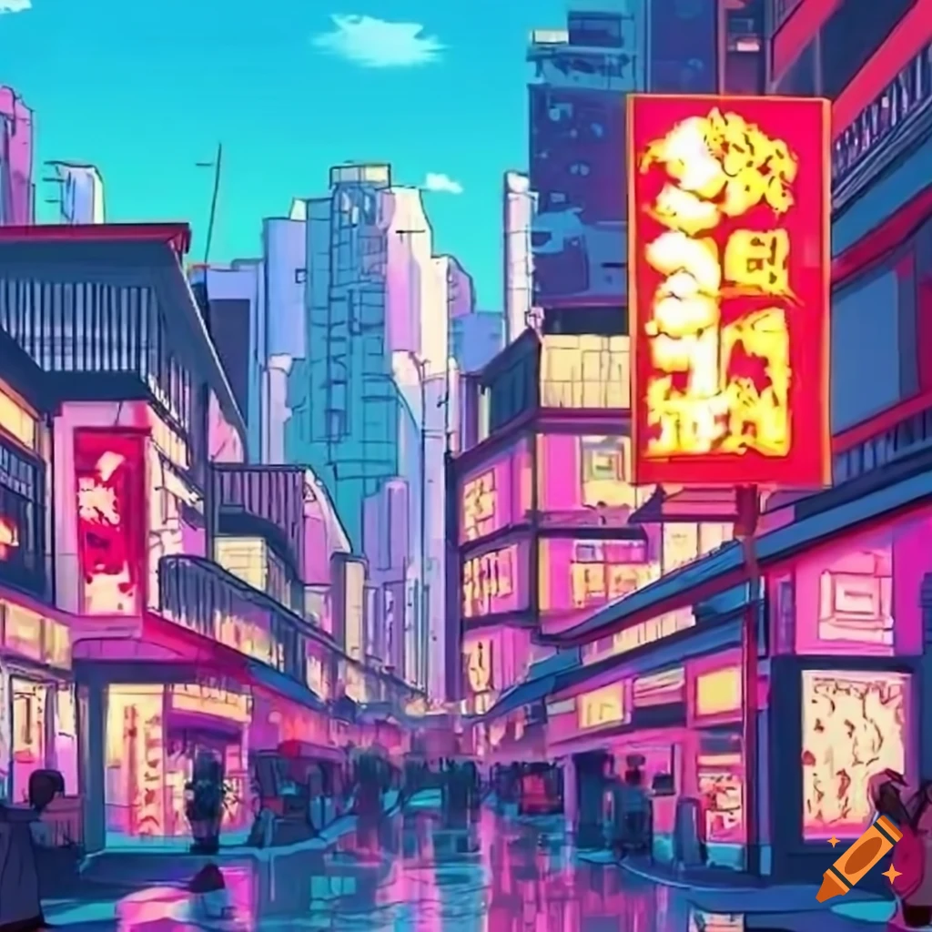 Anime-style cityscape inspired by 80's japan on Craiyon