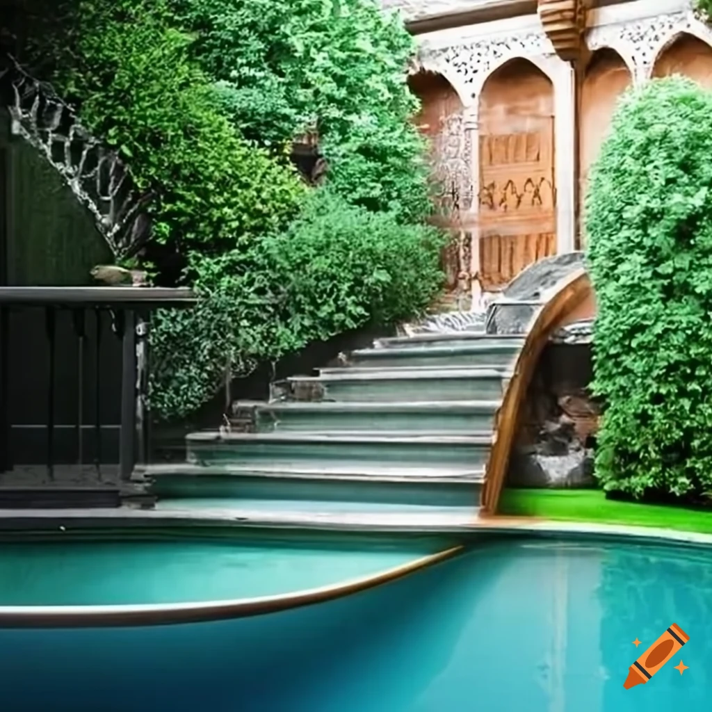 elegant silver staircase leading to a balcony in a garden