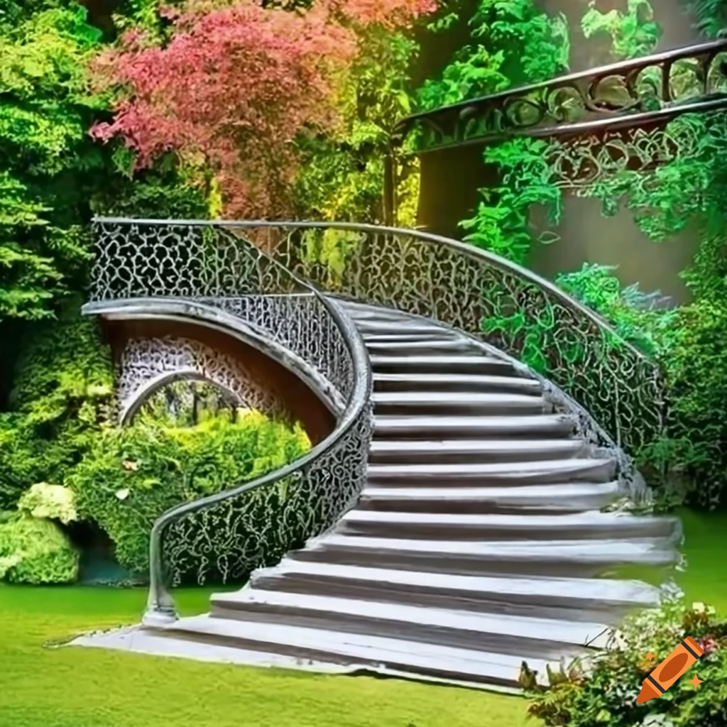 Islamic silver balcony overlooking a garden with curved silver stairs