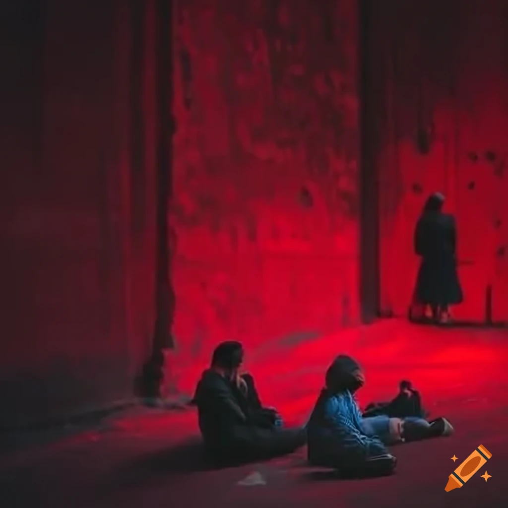 Street art performance with people covered in red paint on Craiyon