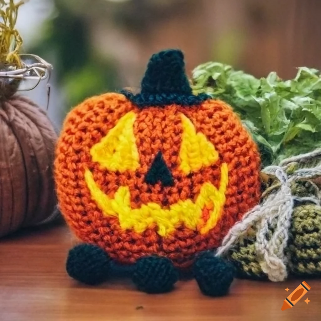 crocheted pumpkin scarecrow on a table