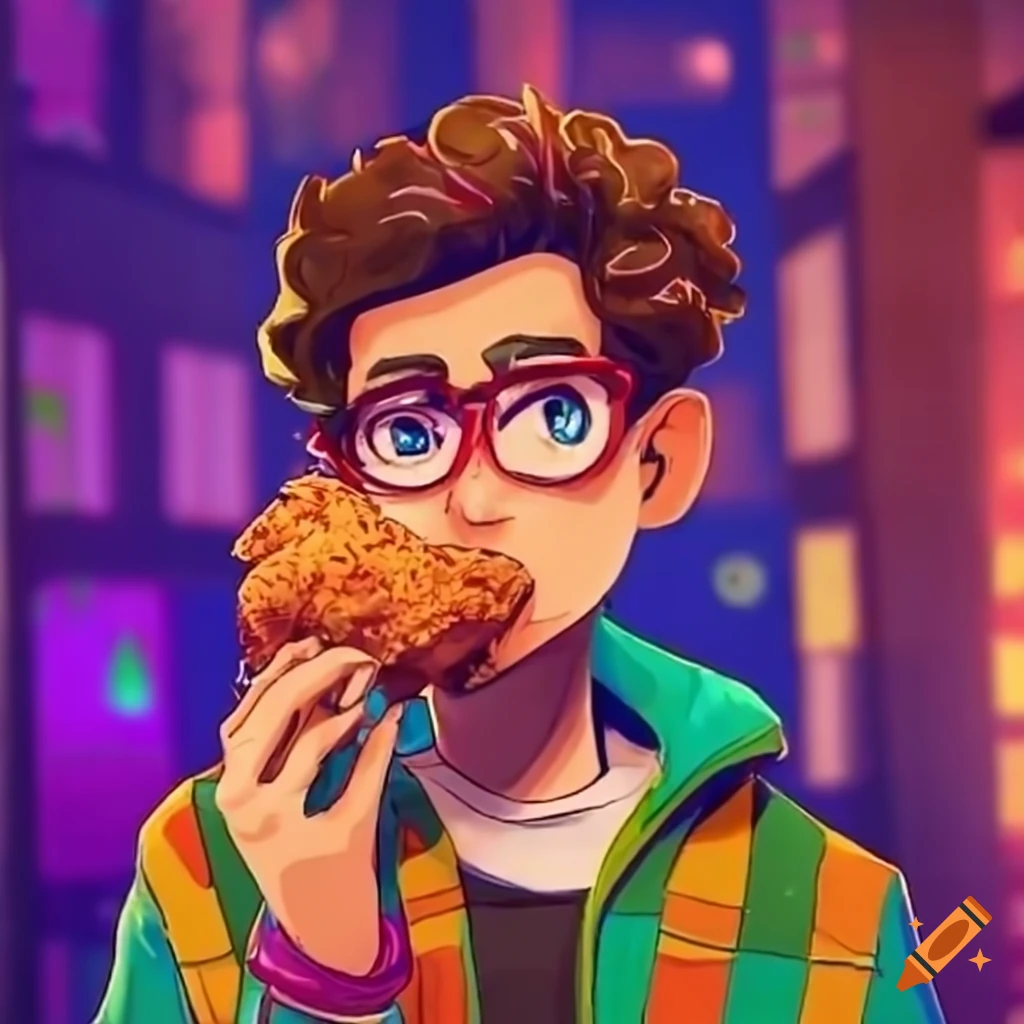 the Squip from the Be More Chill musical eating fried chicken