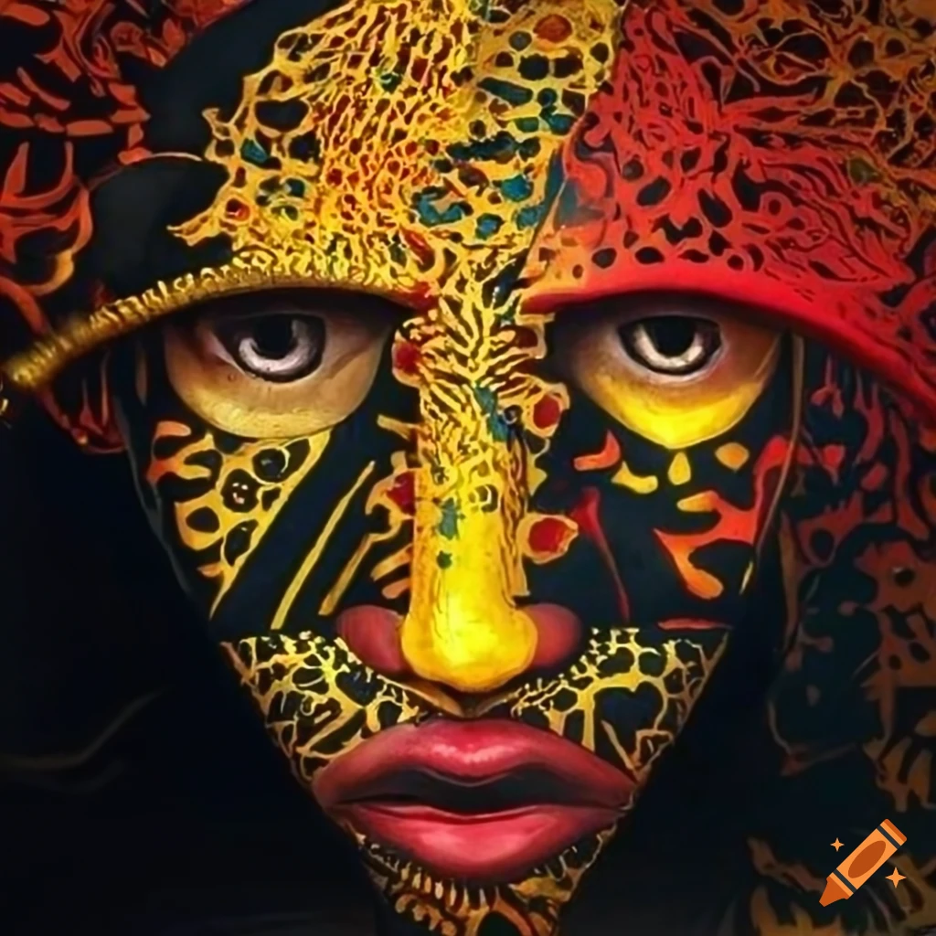 surreal African tribal artwork in gold, black, red, and yellow