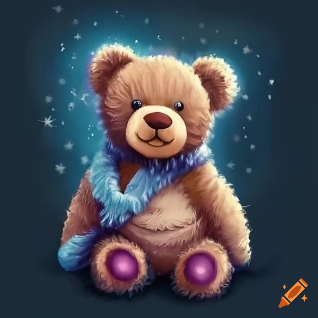 A cute teddy bear with fiery reflections in its big eyes on Craiyon