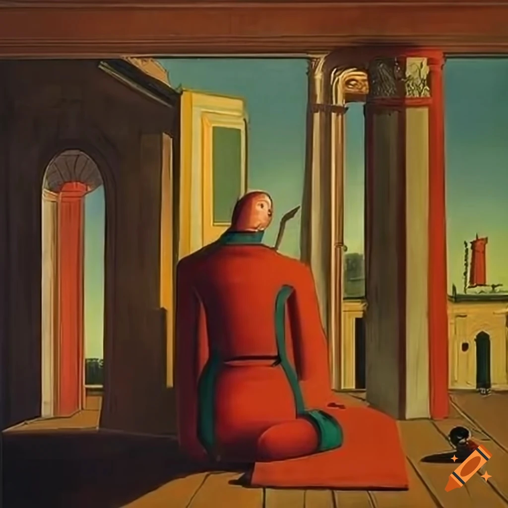 surreal painting of a man playing the violin in a hexagonal pavilion