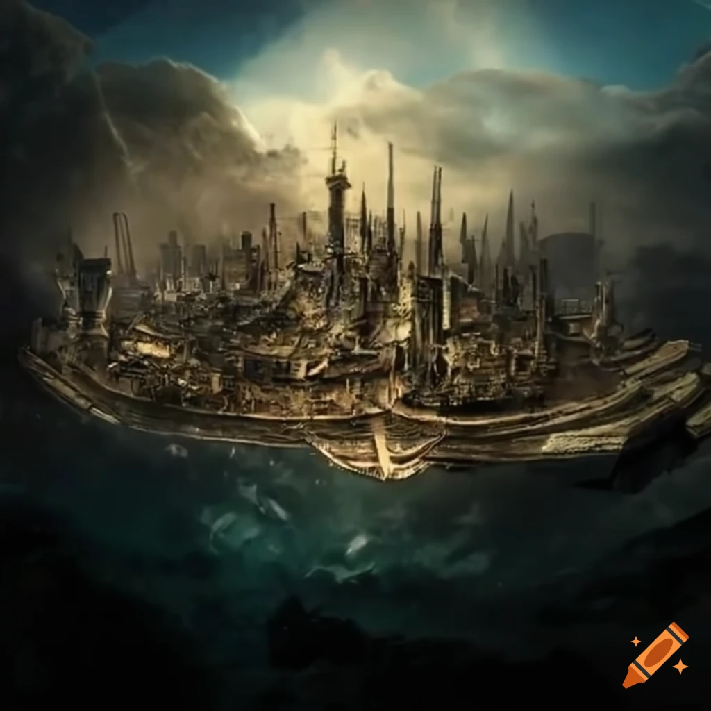 impressive steampunk city flying over a ruined planet