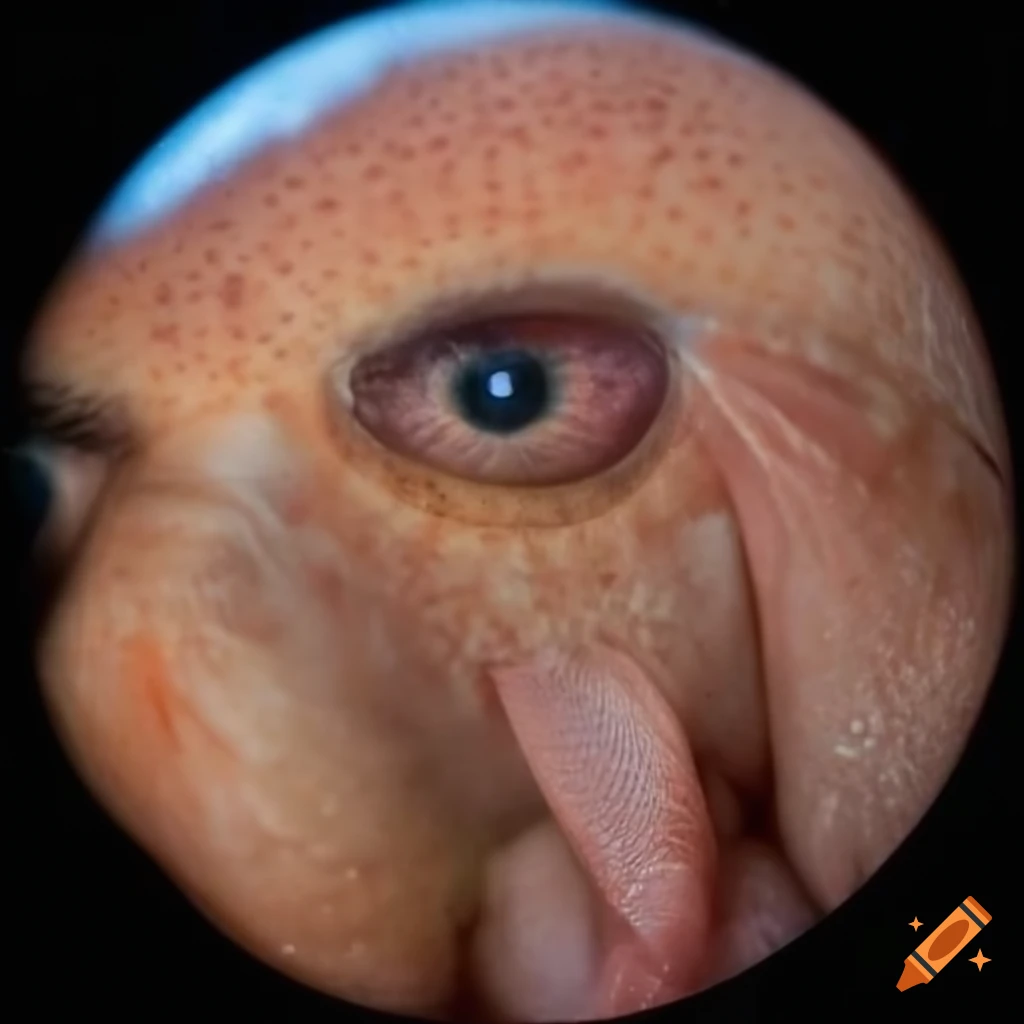 Close-up photograph of a human face with large fish-like eyes on