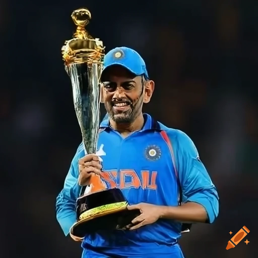 Image of ms dhoni lifting the 2023 cricket world cup trophy on Craiyon