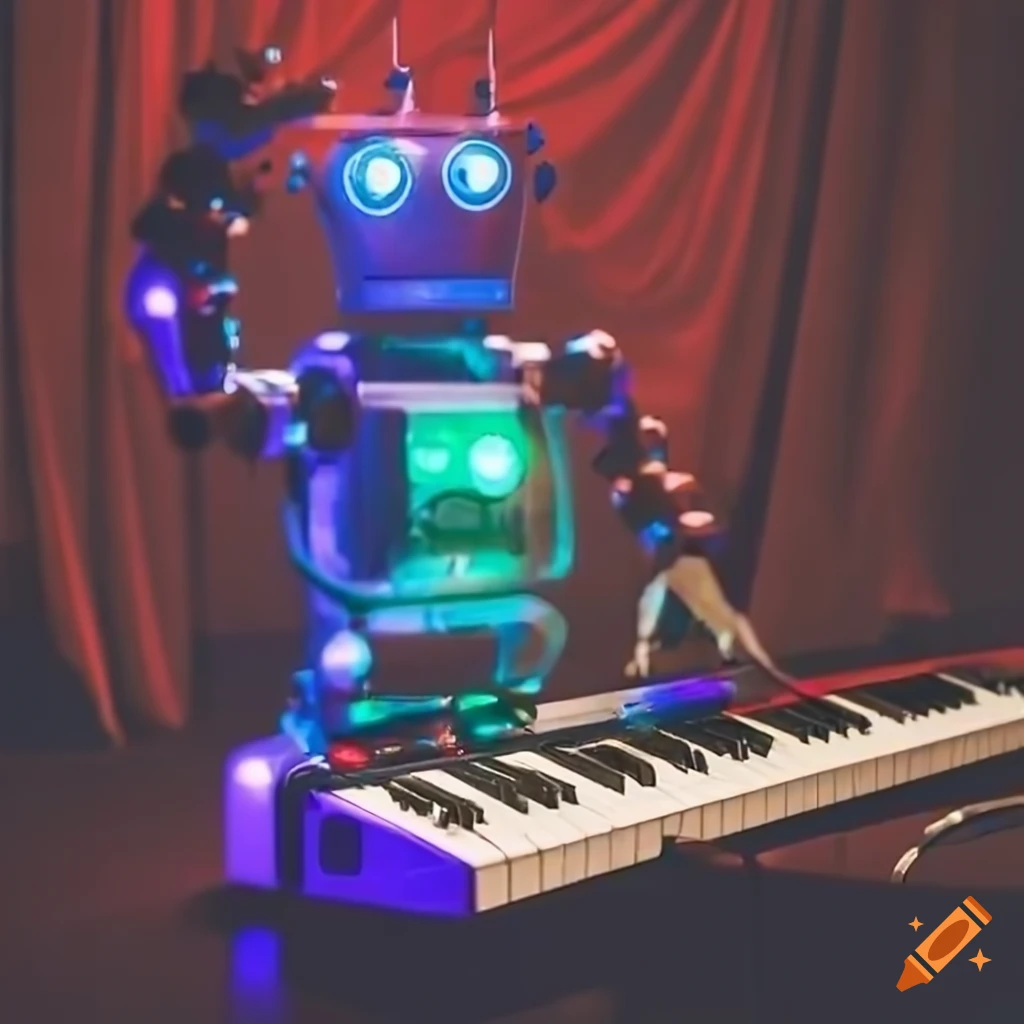 colorful stage lights shining on a deformed robot playing a synth
