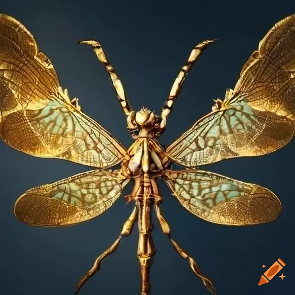intricately designed golden dragonfly
