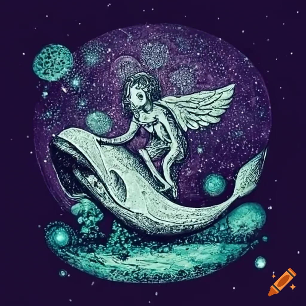 fantasy artwork of an angel riding a whale in a galactic forest