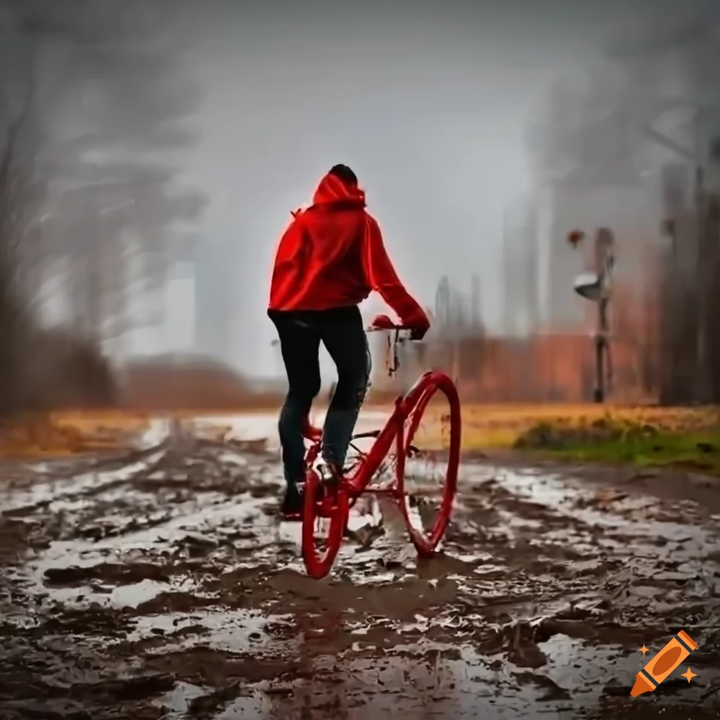 person riding a red bike through construction site