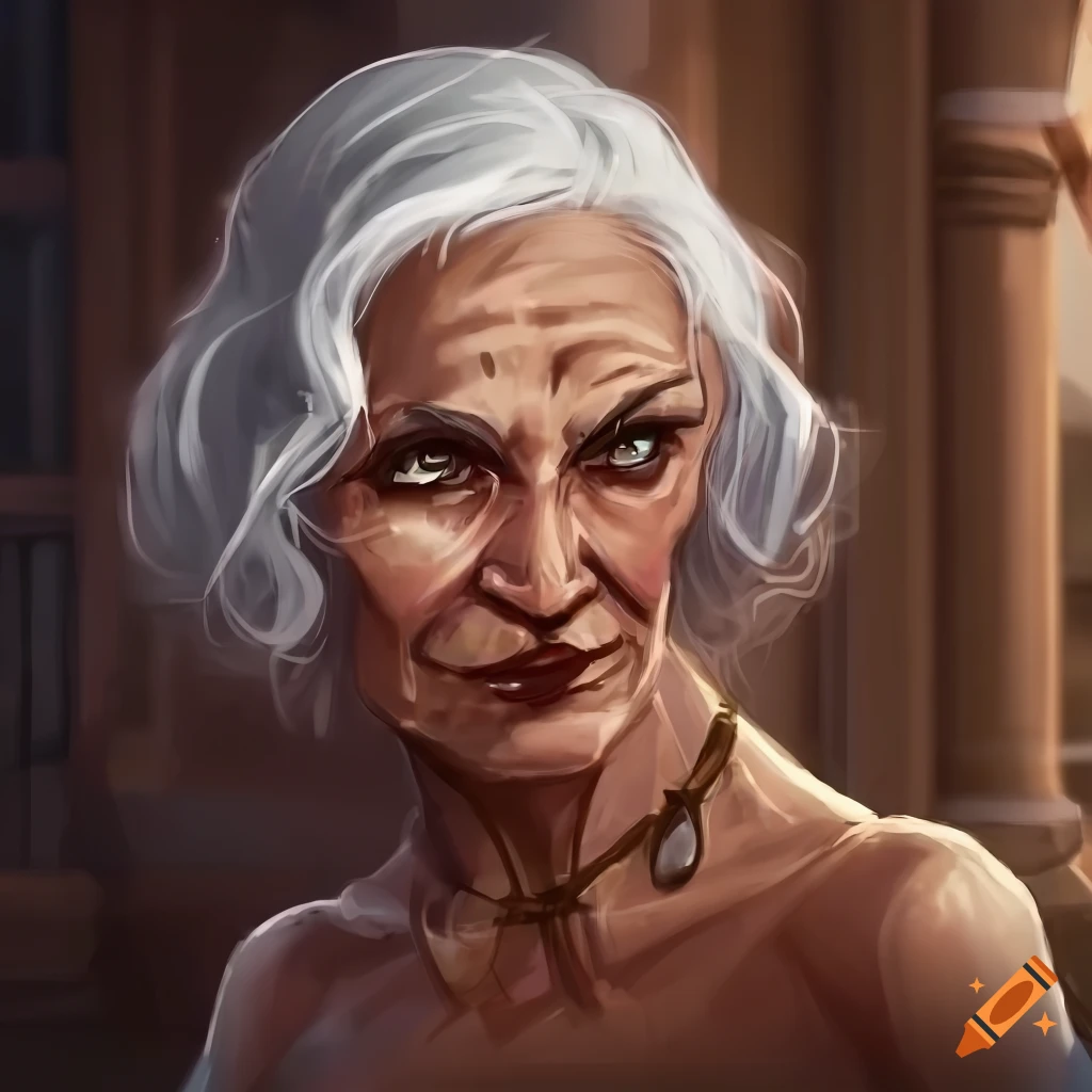 Detailed dnd character art of an aging witch with white hair in double ...