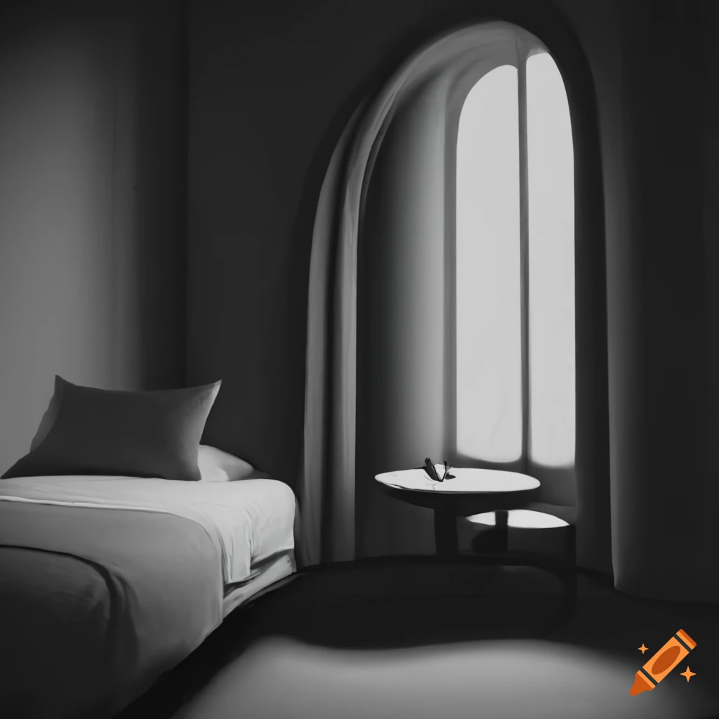 interior of a hotel room with a bed and desk