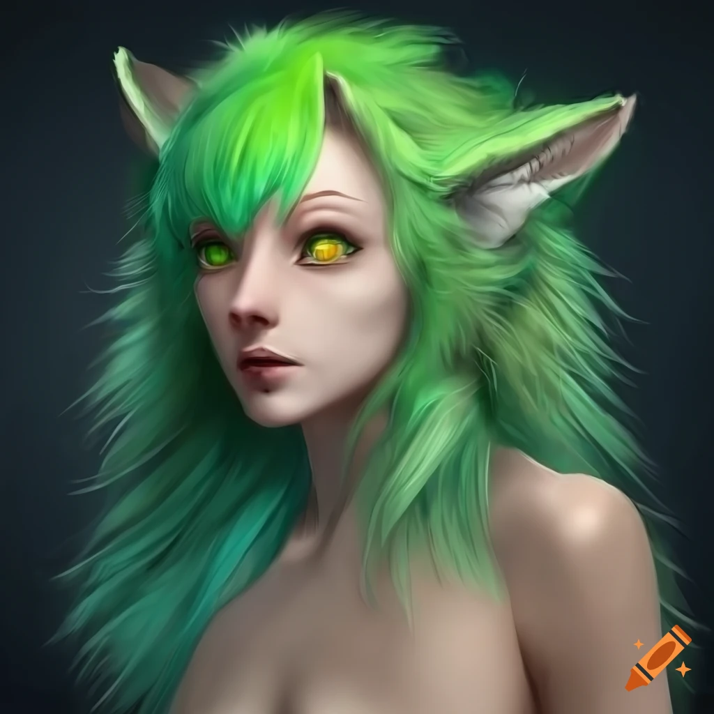  Portrait of a woman with lime green hair and a wolf hybrid on Craiyon