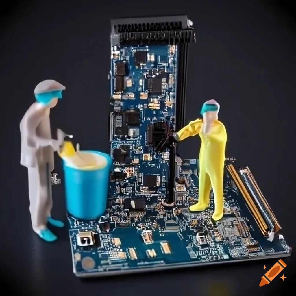 Miniature cleaning crew on a computer motherboard on Craiyon
