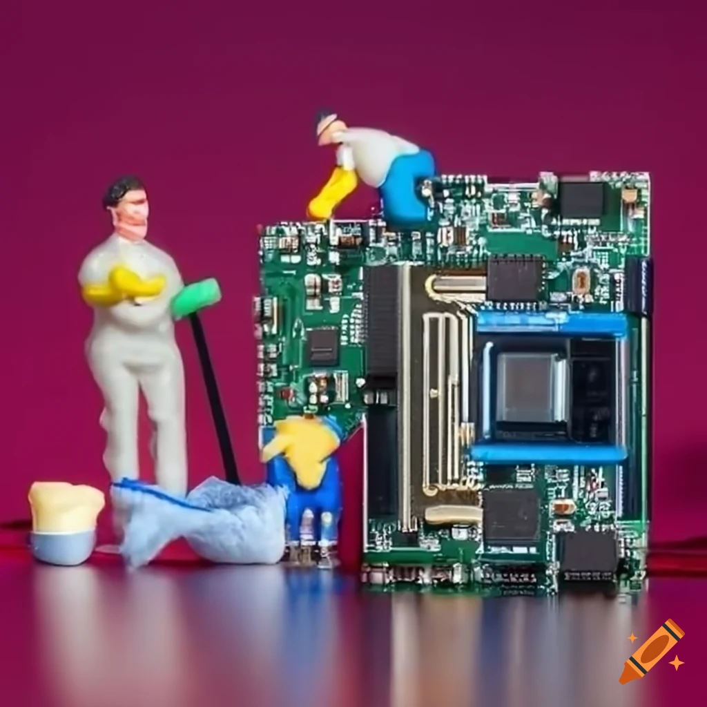 Miniature cleaning crew on computer motherboard on Craiyon