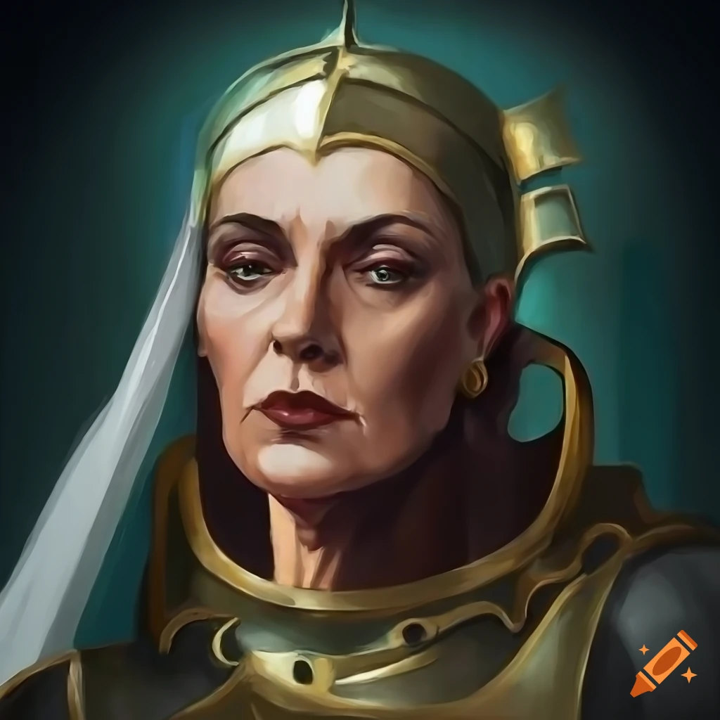 Closeup portrait of a powerful woman in bronze armor from the game