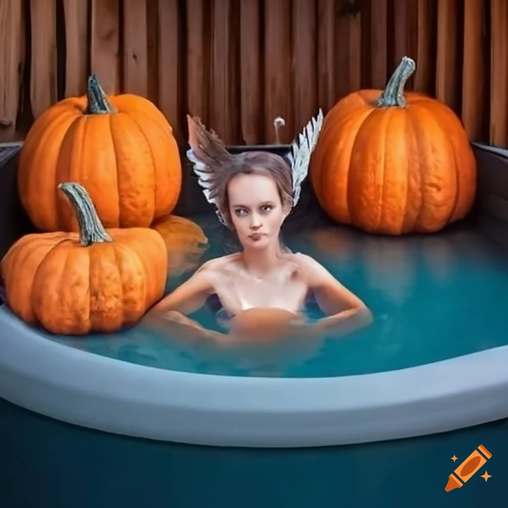 pumpkins floating in a hot tub