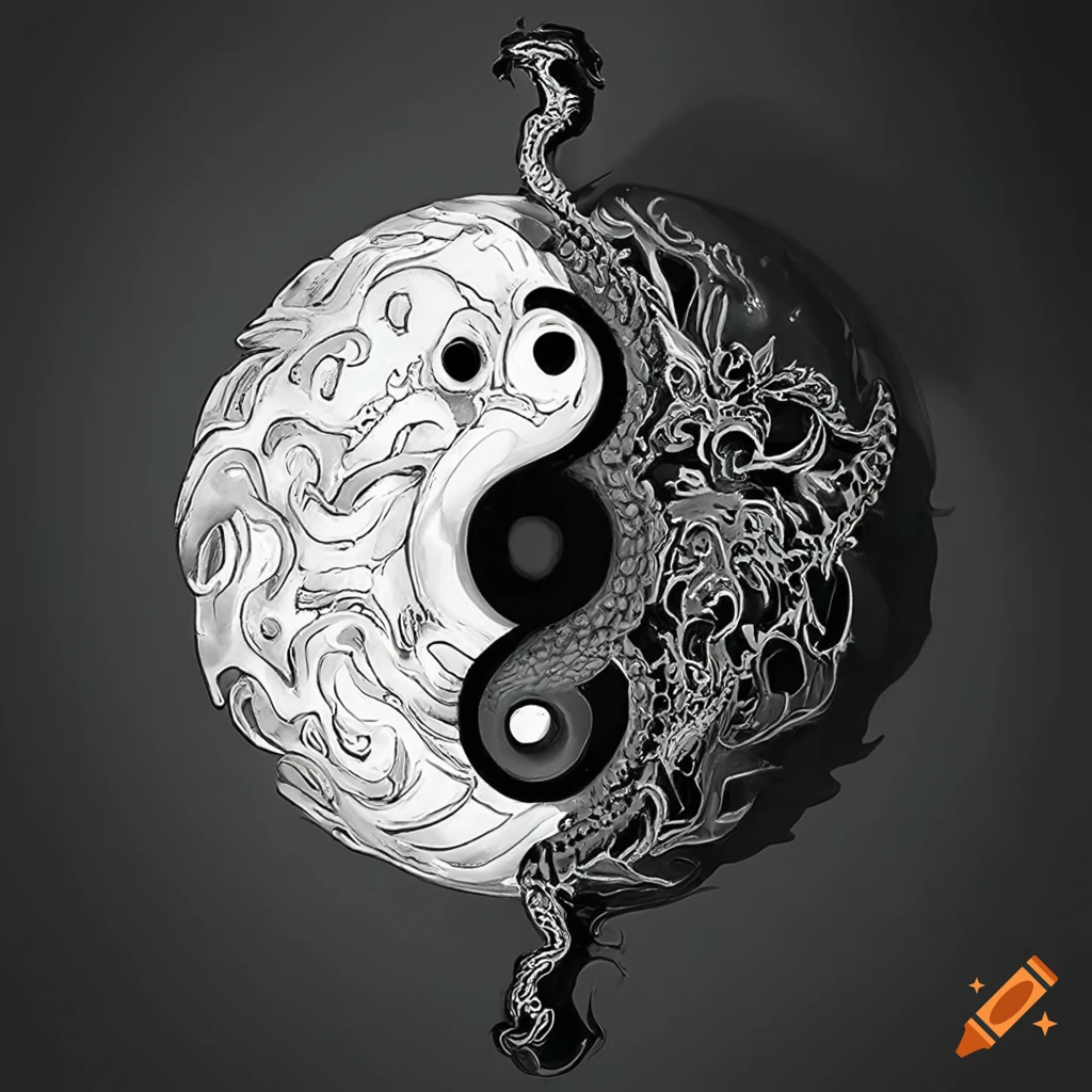 Monochrome yin-yang design with interlocking dragon tadpoles on Craiyon