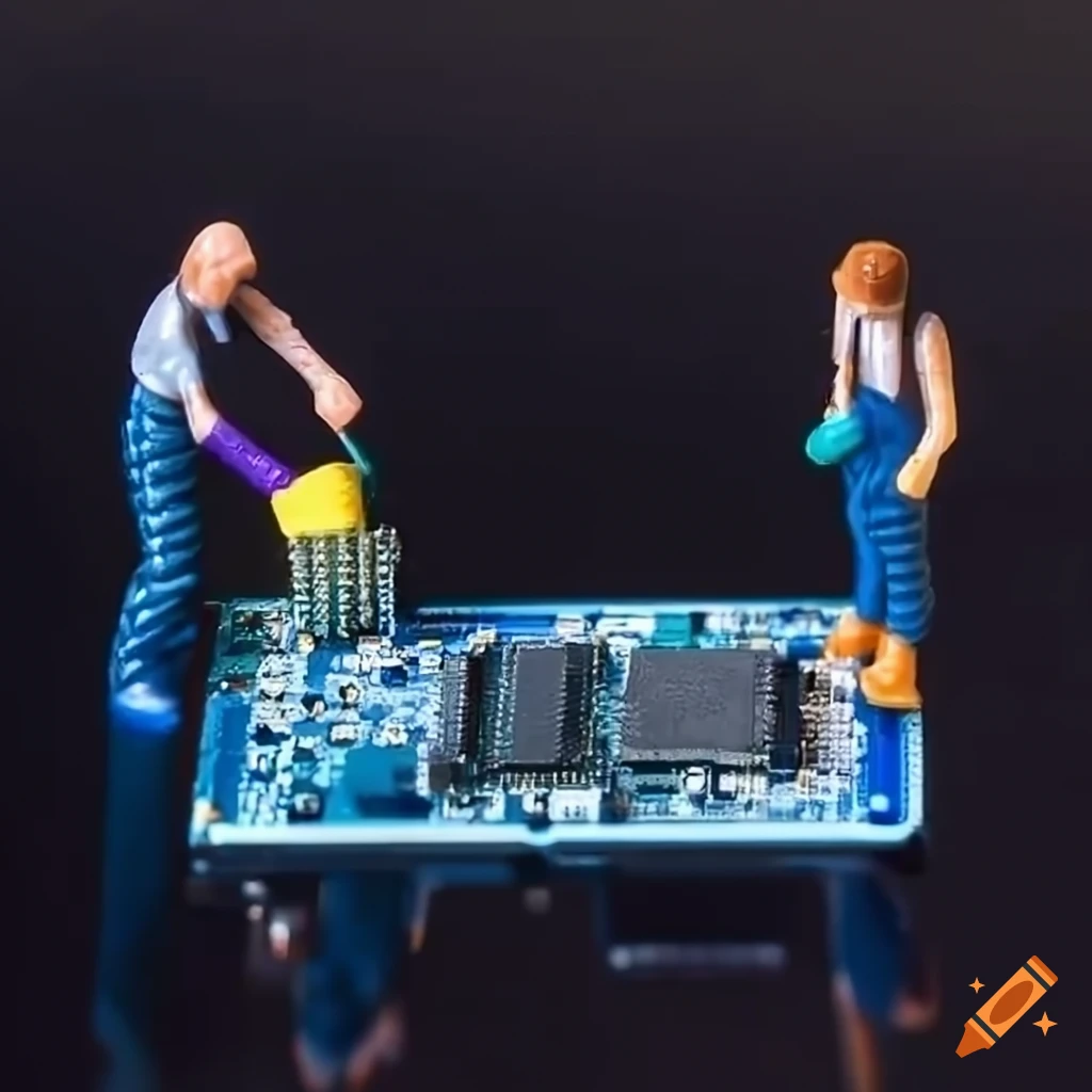 Miniature cleaning crew on a computer motherboard on Craiyon