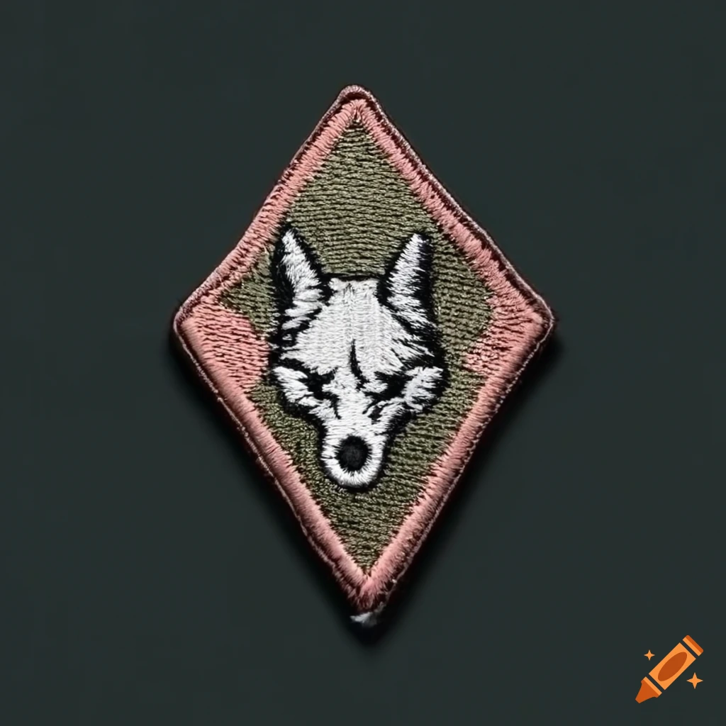 monochromatic military patch with a dead fox head in rhombus shape